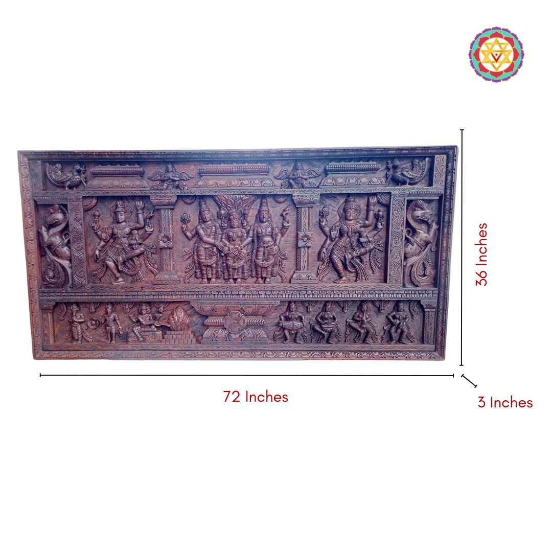 Wooden panel with carvings and measurements on a white background - Dimensional view of large teakwood Meenakshi Kalyanam artwork