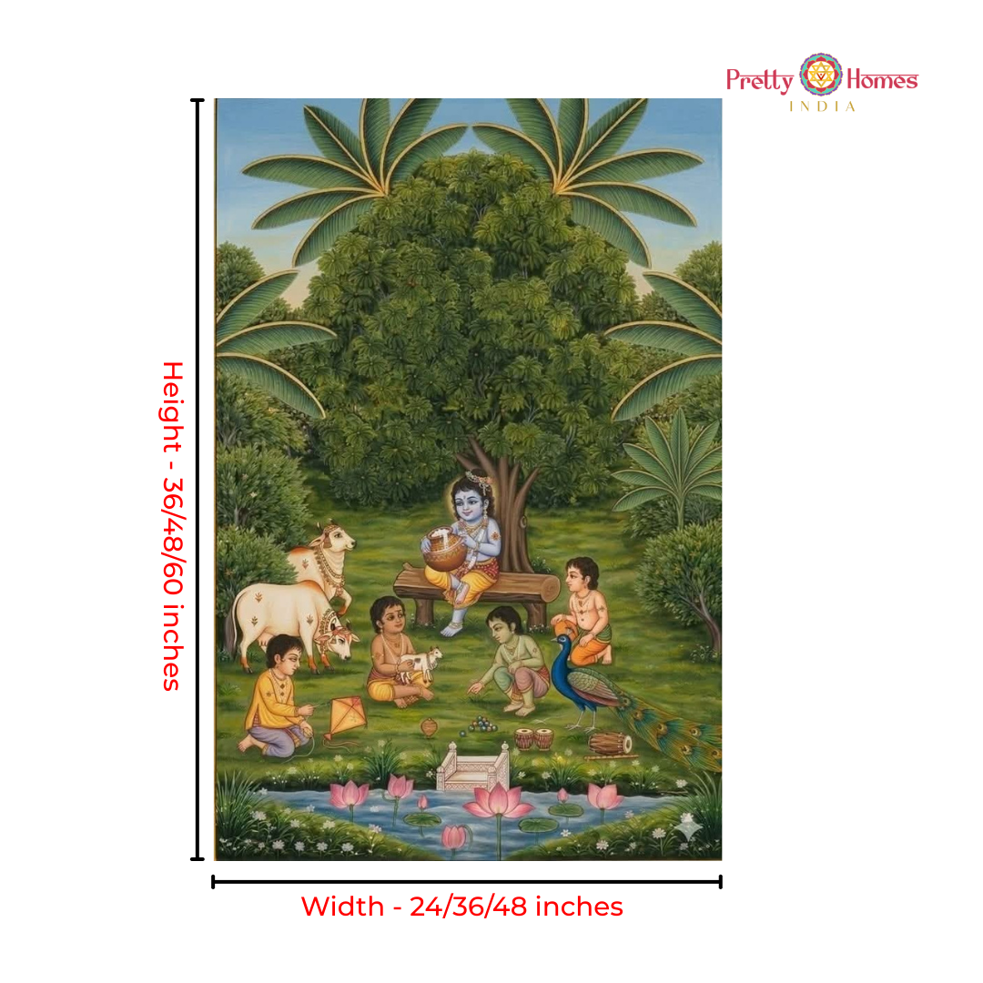 Handpainted Pichwai – Bal Krishna Leela with Friends & Cows