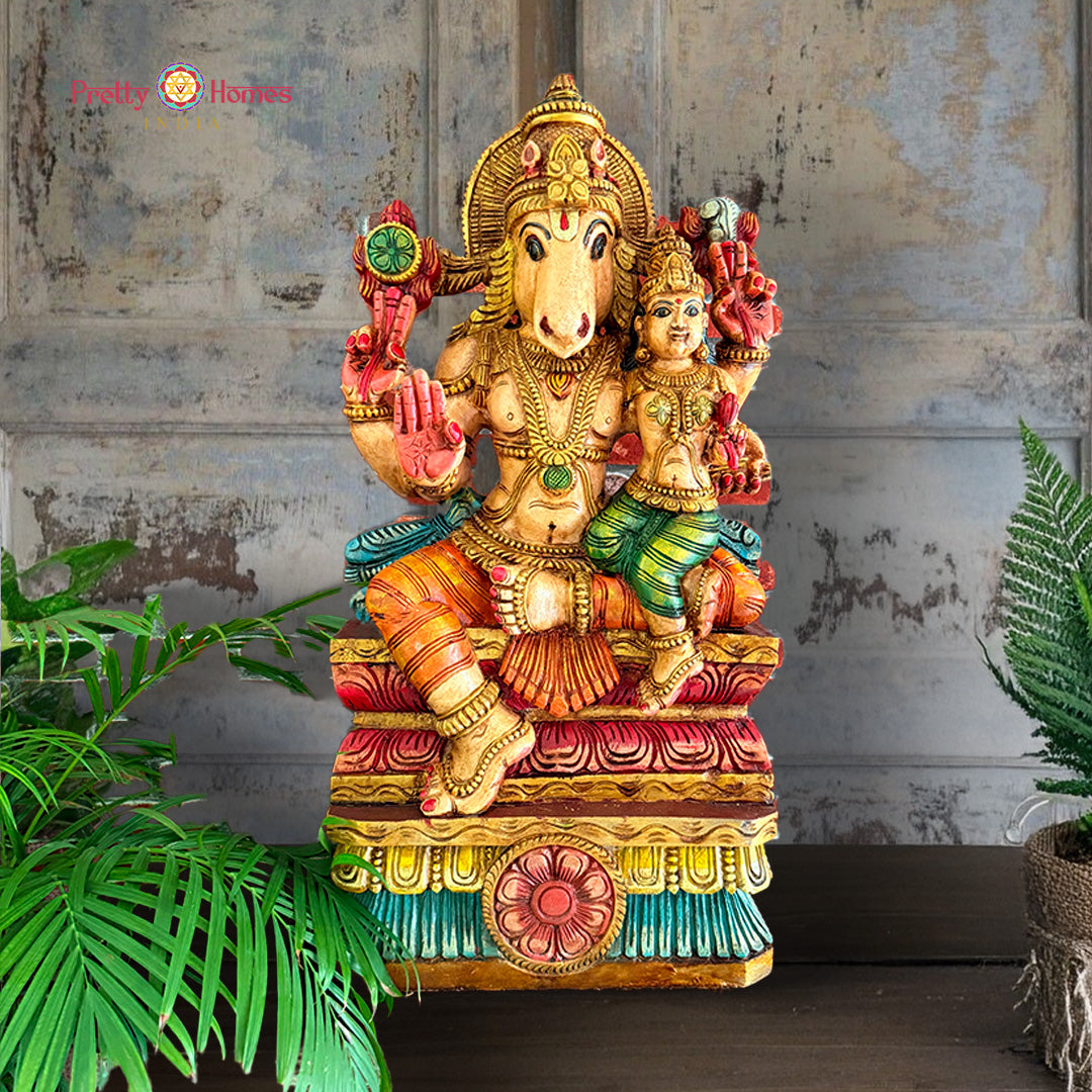 Woodcarved Hayagriva with Lakshmi statue superfine finish full view