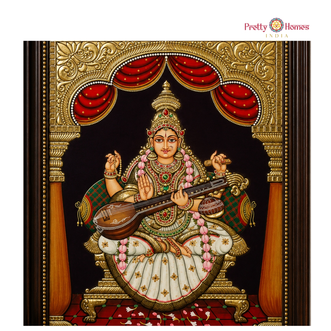 Aesthetic Goddess Saraswati with Chettinad Pillars Tanjore in Real Gold