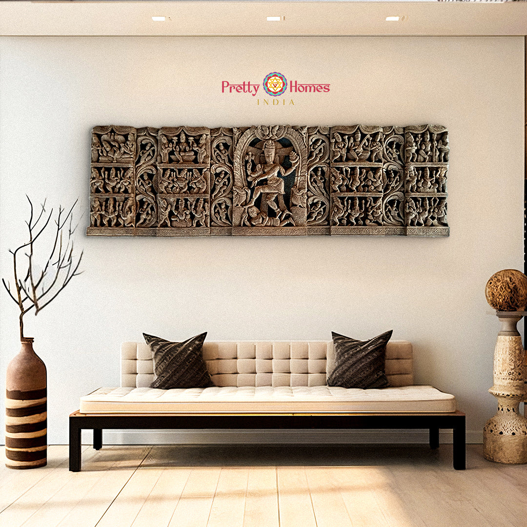 Handcarved antique wooden panel depicting Lord Shiva surrounded by Hindu deities – temple-style wall art.