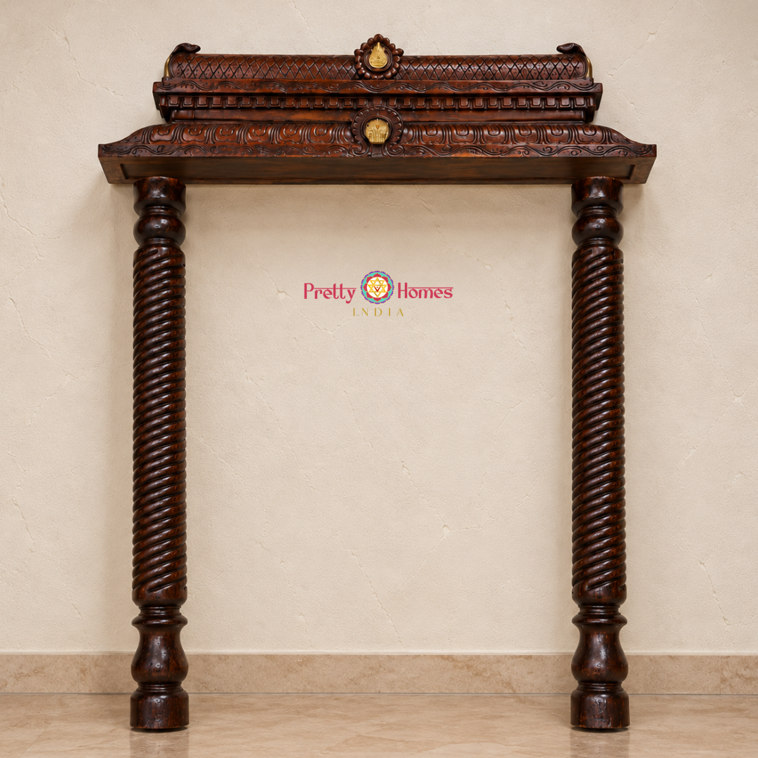 Set of Wood Carved Chettinad-Style Pillars & Deep Gopuram