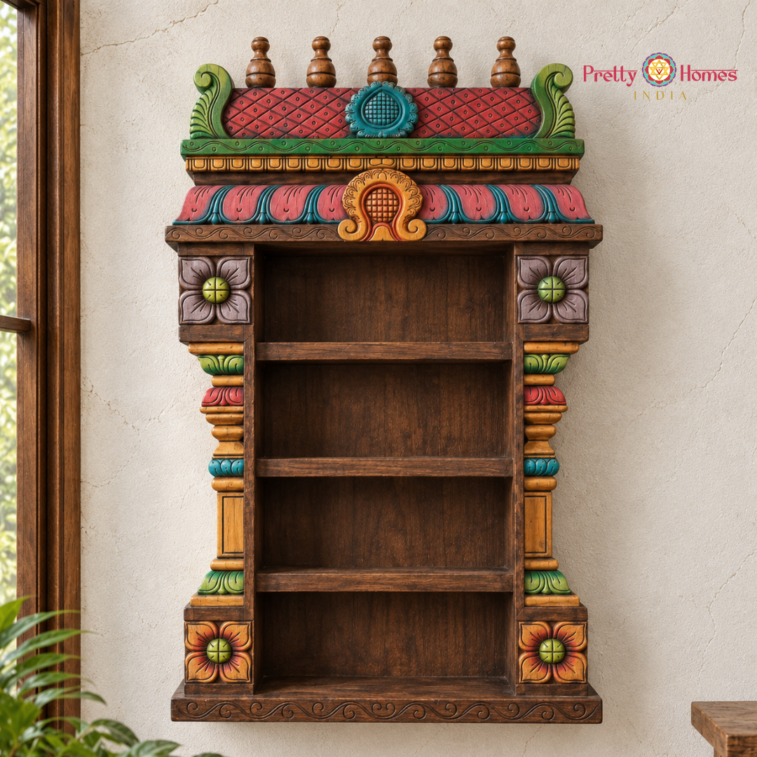 Hand-Carved Gopuram-Style Temple Shelf with Units