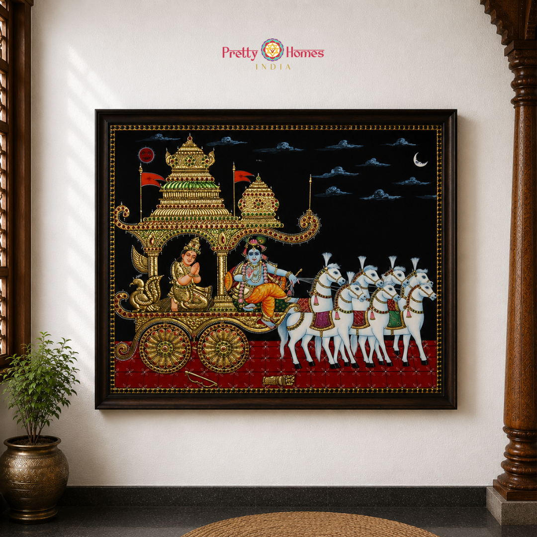 Divine Lord Krishna with Arjuna on the Chariot Tanjore in Real Gold