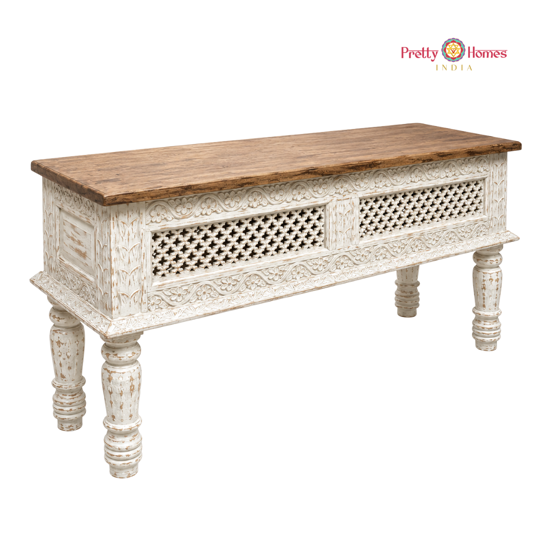 Wood-Carved Console Table with Storage