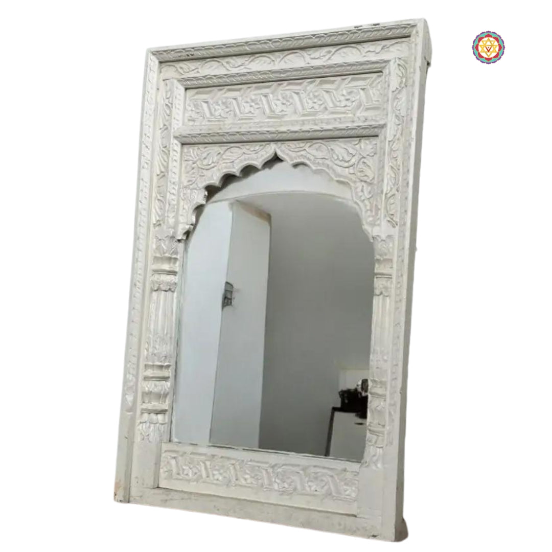 Alternate finish of wooden mirror — Indian jharokha-style home decor.