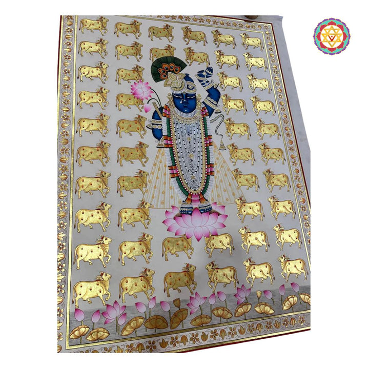 Handpainted pichwai-Shrinathji Darshan – Pichwai with Golden Cows