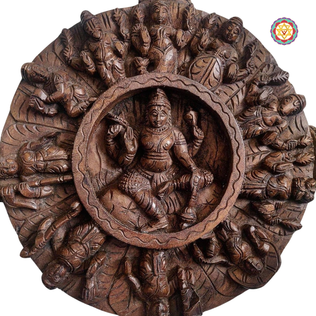 Handcarved Astalakshmi wooden wall art with intricate temple detailing