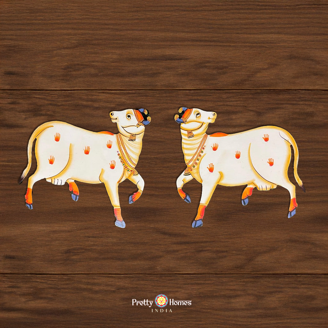 Set of 2 Pichwai Cow MDF Cutouts – Walking Pose (White) (a pair)