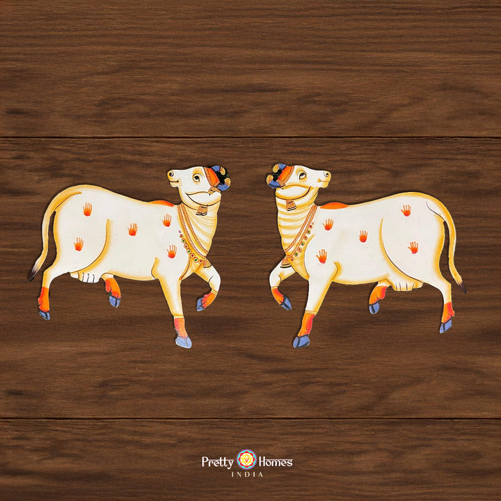 Set of 2 Pichwai Cow MDF Cutouts – Walking Pose (White) (a pair)