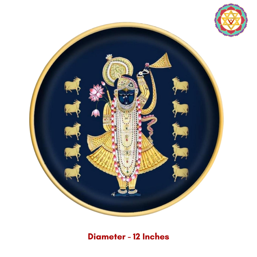 Hand-painted shrinathji pichwai painting on round wooden wall plate with pichwai cow design. Perfect for pichwai wall art display.