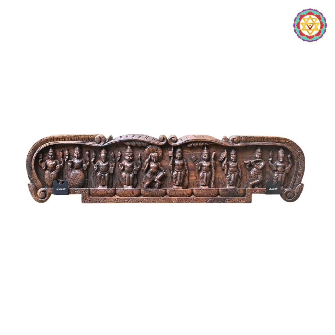 horizontal handcarved dasavtar panel alternate angle highlighting depth and craftsmanship