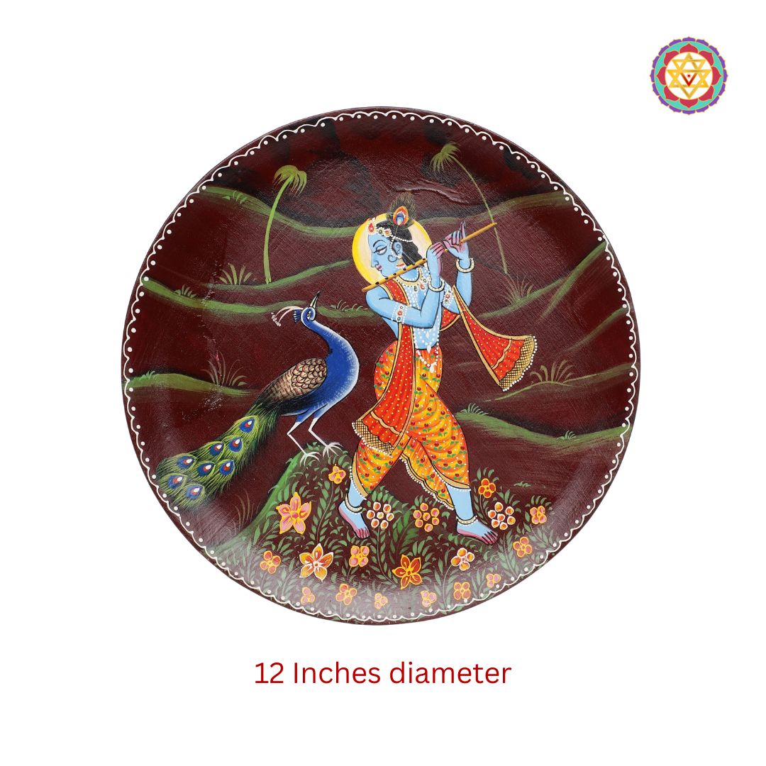 Close-up detailing of Krishna, flute, and peacock