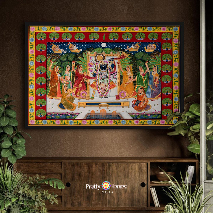 Handpainted pichwai-Sharad Poornima Raas – Shrinathji with Gopikas & Peacock Border