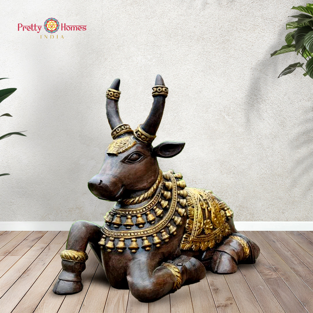 Hand-carved wooden Nandi sculpture with intricate carvings — antique brown finish, sacred Indian bull statue for home temple decor