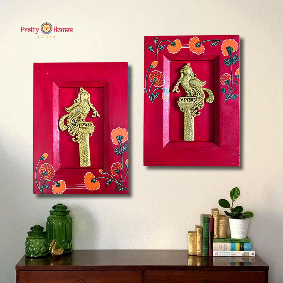 close-up of brass annapakshi showing handpainted detailing