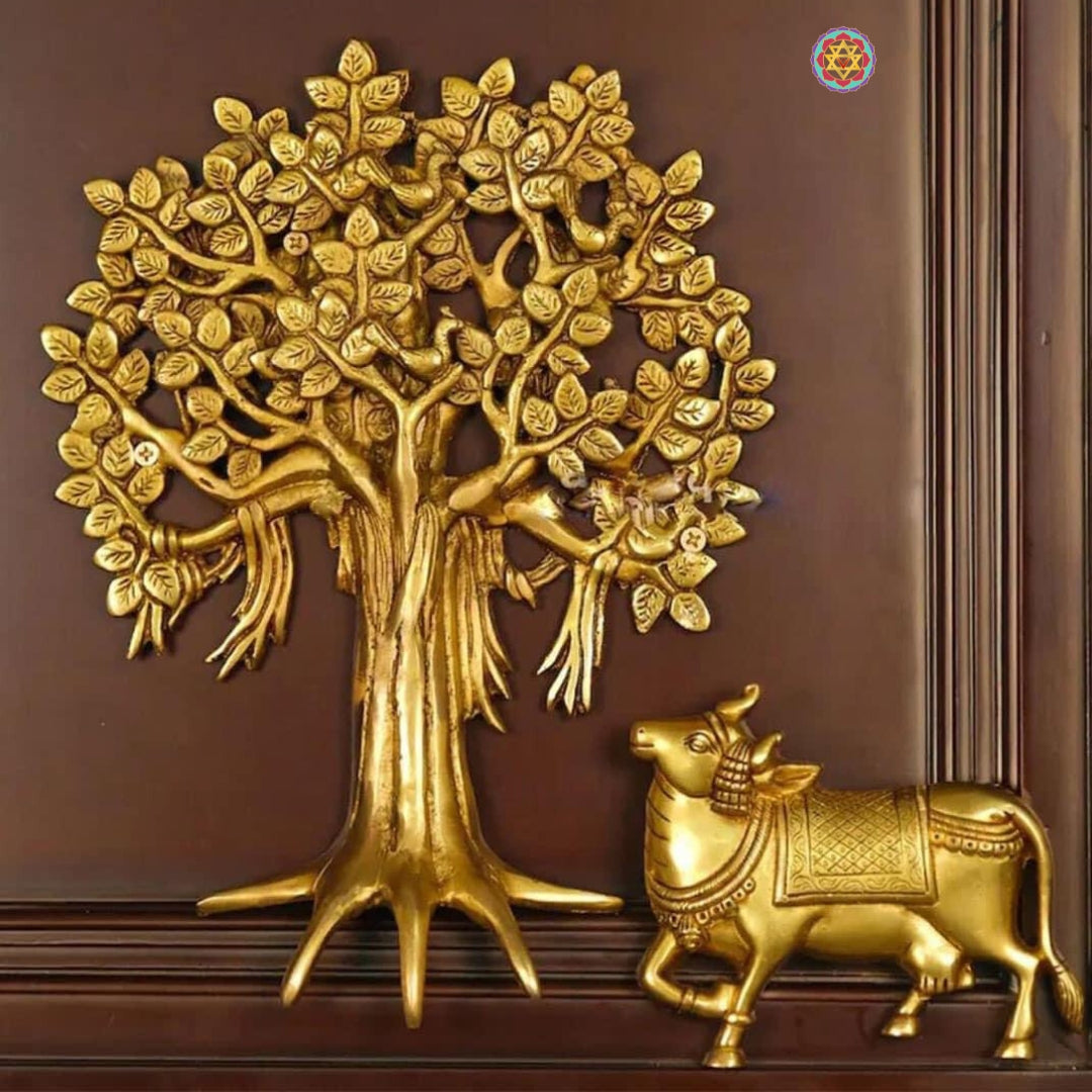 Brass Tree of Life with Cow Wall Hanging, Framed on wood.