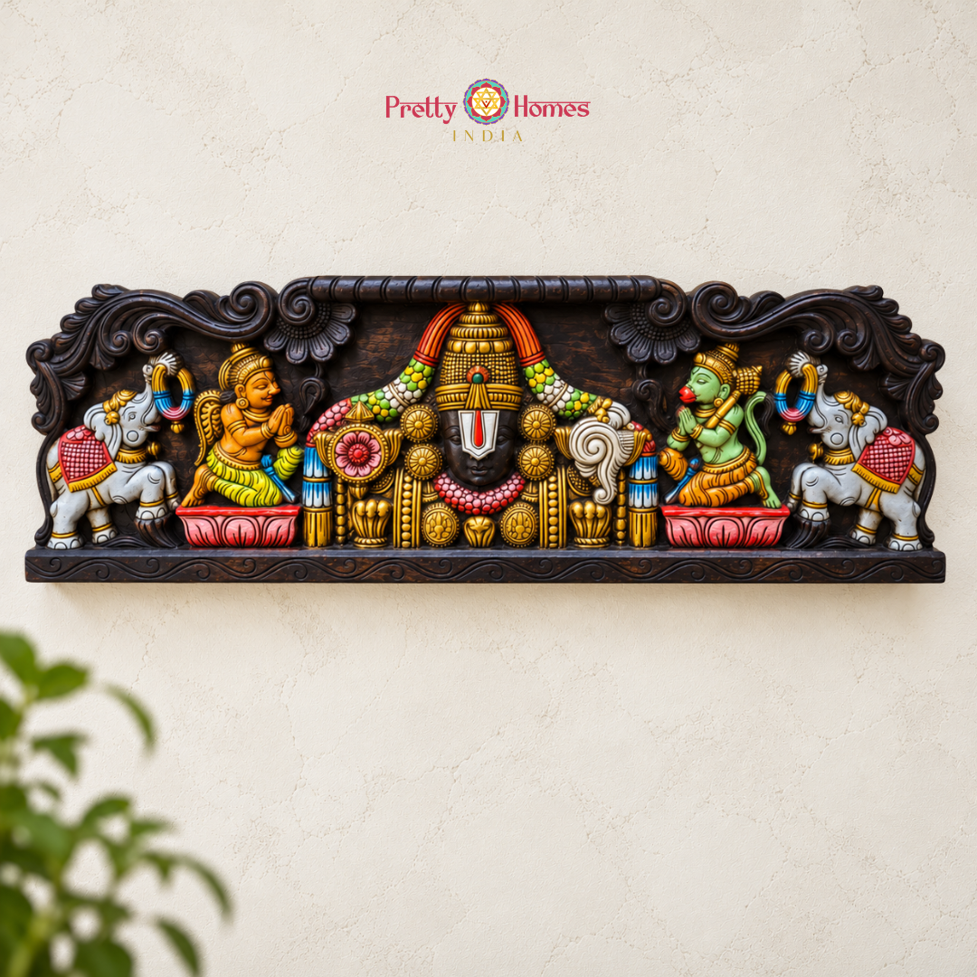 Wood-Carved Balaji Panel with Garuda & Hanuman