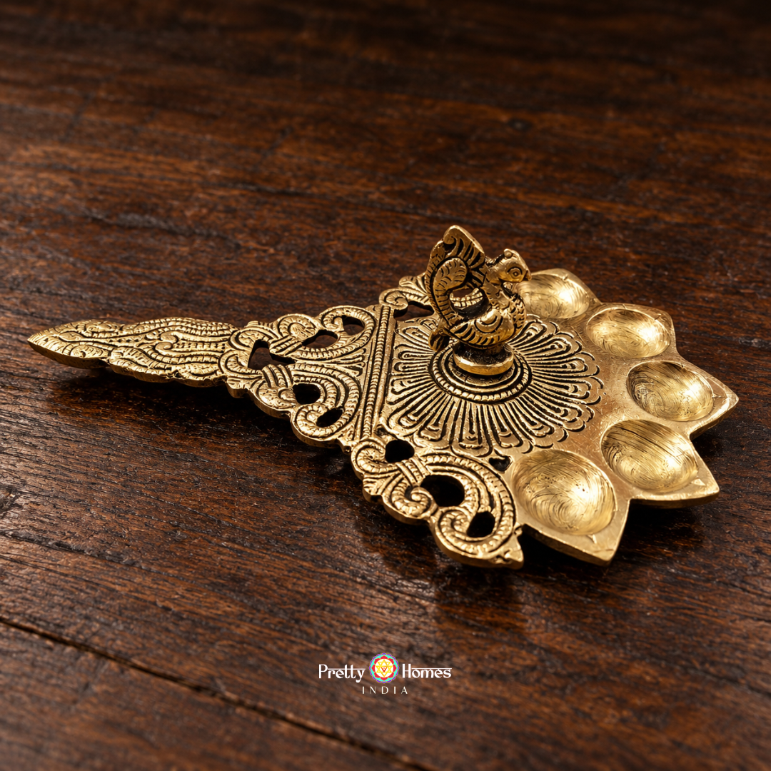 Brass Panch Deepam Puja Spoon with Peacock Design