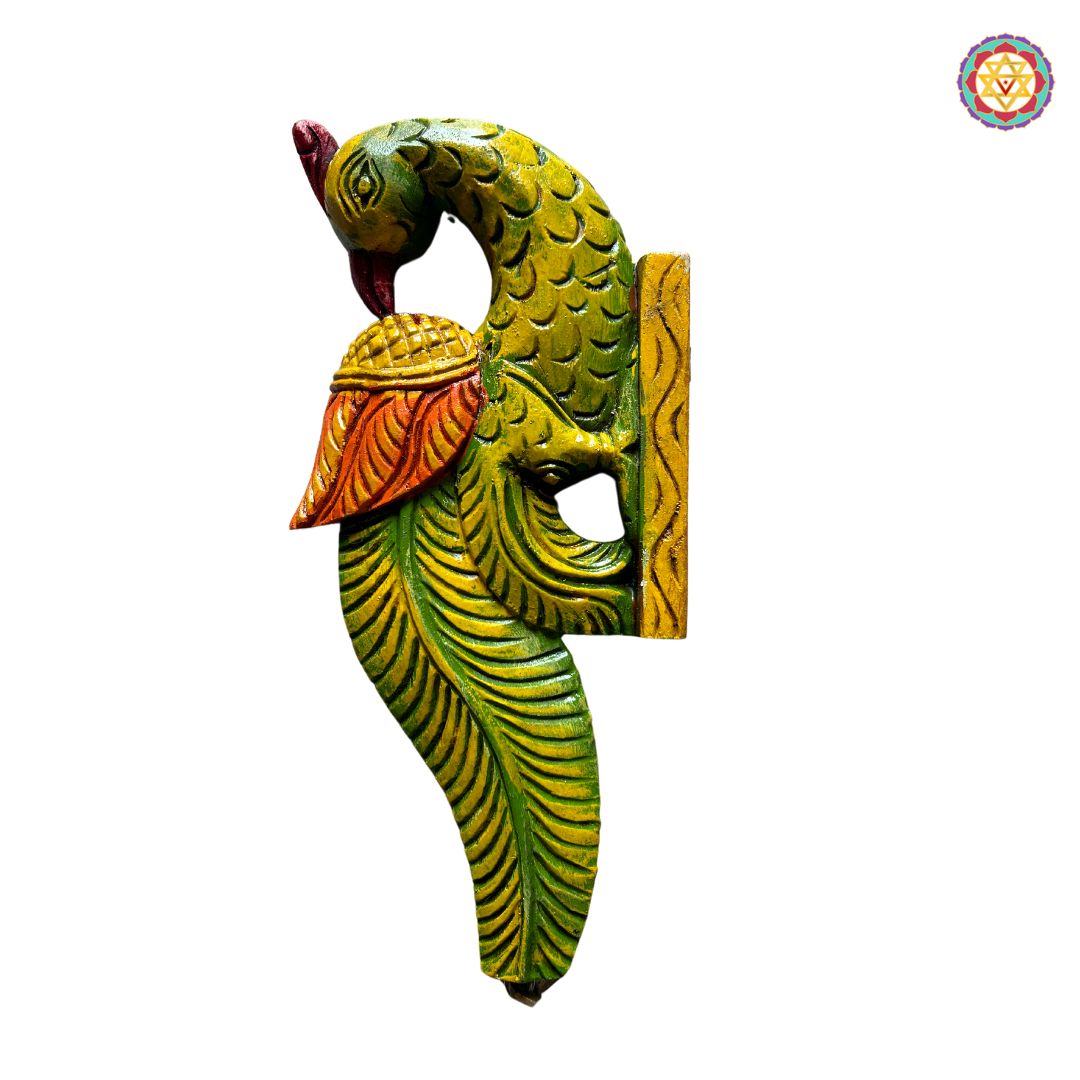 Side profile of hanging parrot sculpture — antique brown finish and elegant carving, traditional Indian wall decor