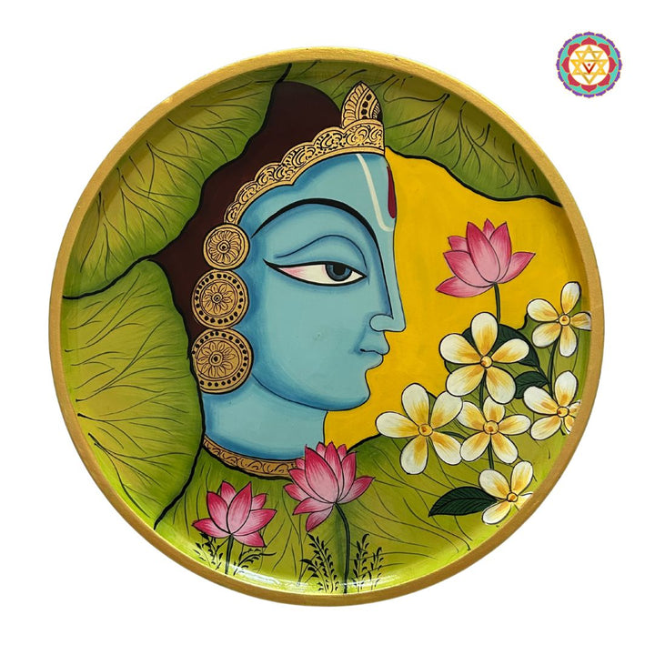 Hand painted wall plate featuring Krishna among lotus flowers, pichwai paintings krishna