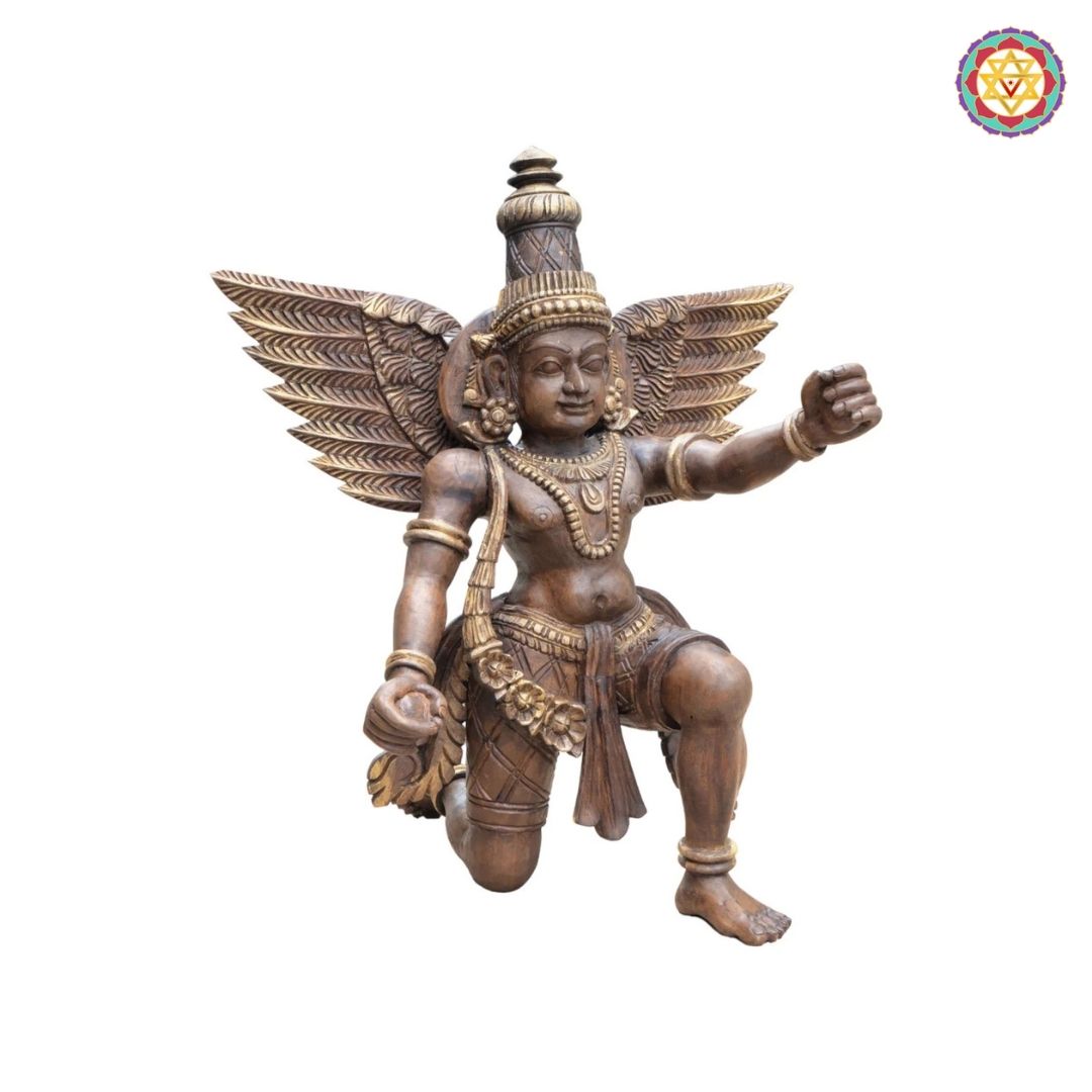 woodcarved garuda tabletop sculpture side angle showcasing intricate carving