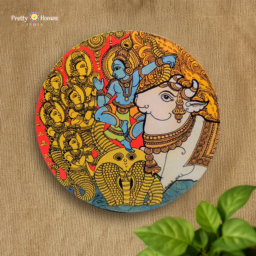 handpainted kalamkari style dancing krishna on serpent wall plate handpainted wooden decor