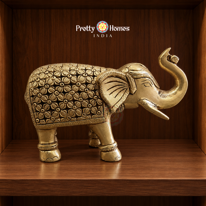 Pair of Brass Trunk-Up Elephants – Floral Design