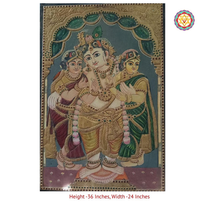 Vintage Handmade Tanjore – Lord Krishna with Satyabhama & Rukmini | 24K Gold Work
