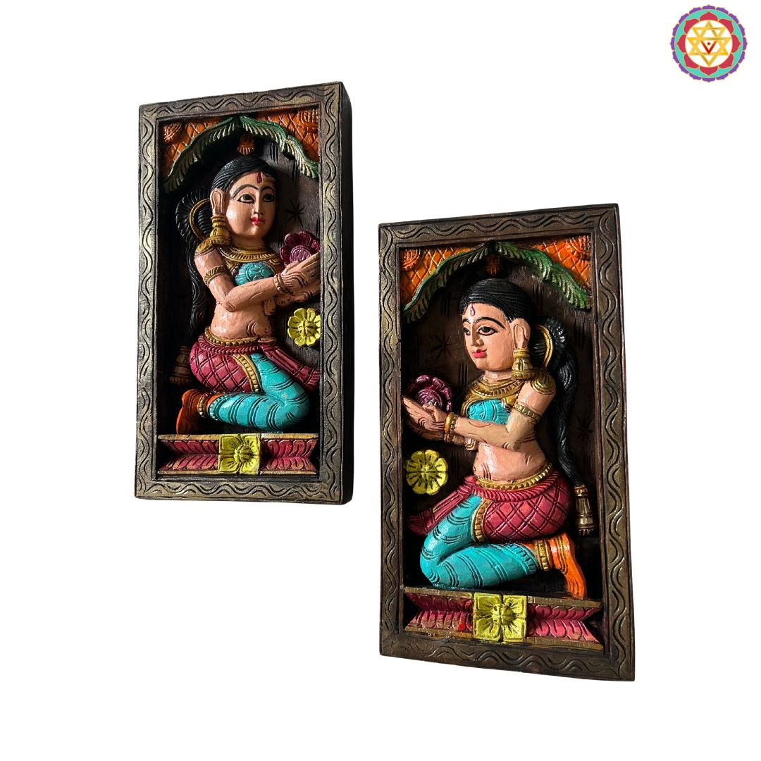 colourful vertical woodcarved Deepalaxmi /deeplaxmi wall frames-set of 2