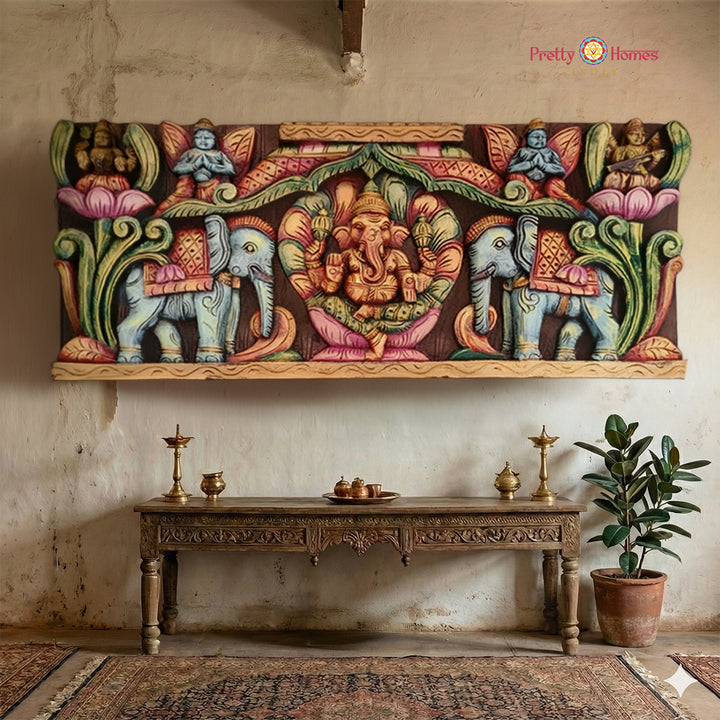 Wooden Wall Panel with Gandharvas and Elephant Motif Hand Carved