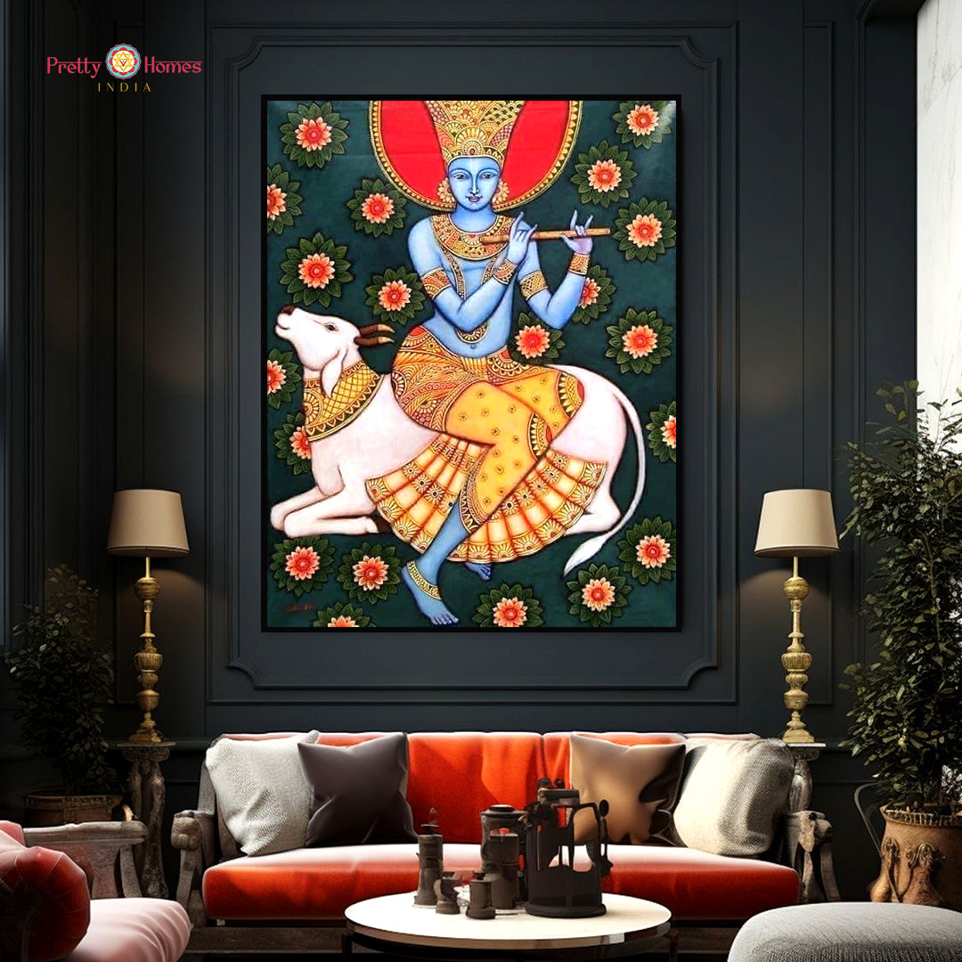 Pichwai artwork of Radha Krishna surrounded by lotus flowers and peacocks