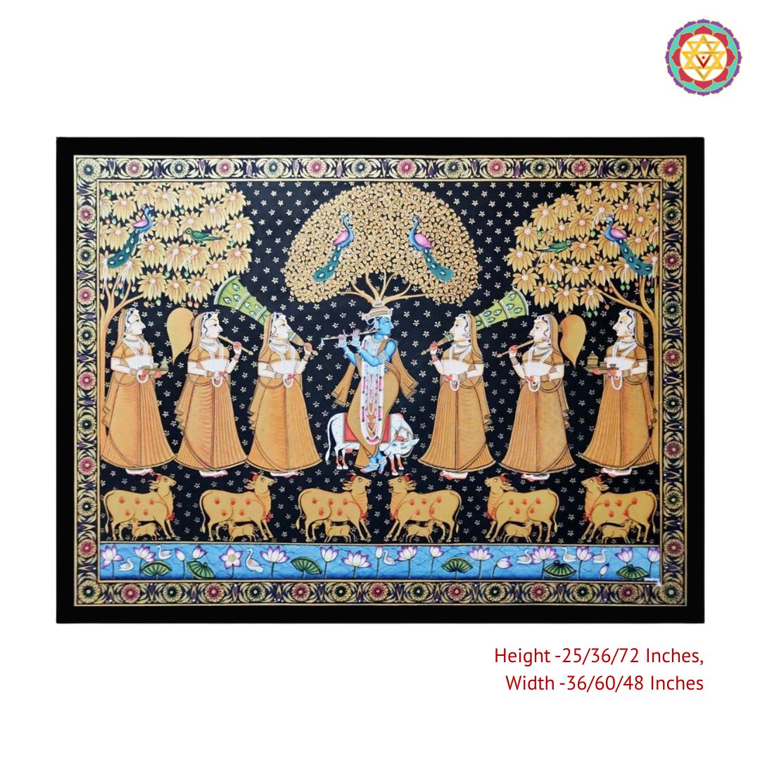 Hand-Painted Pichwai – Flute Krishna with Gopikas and Cows