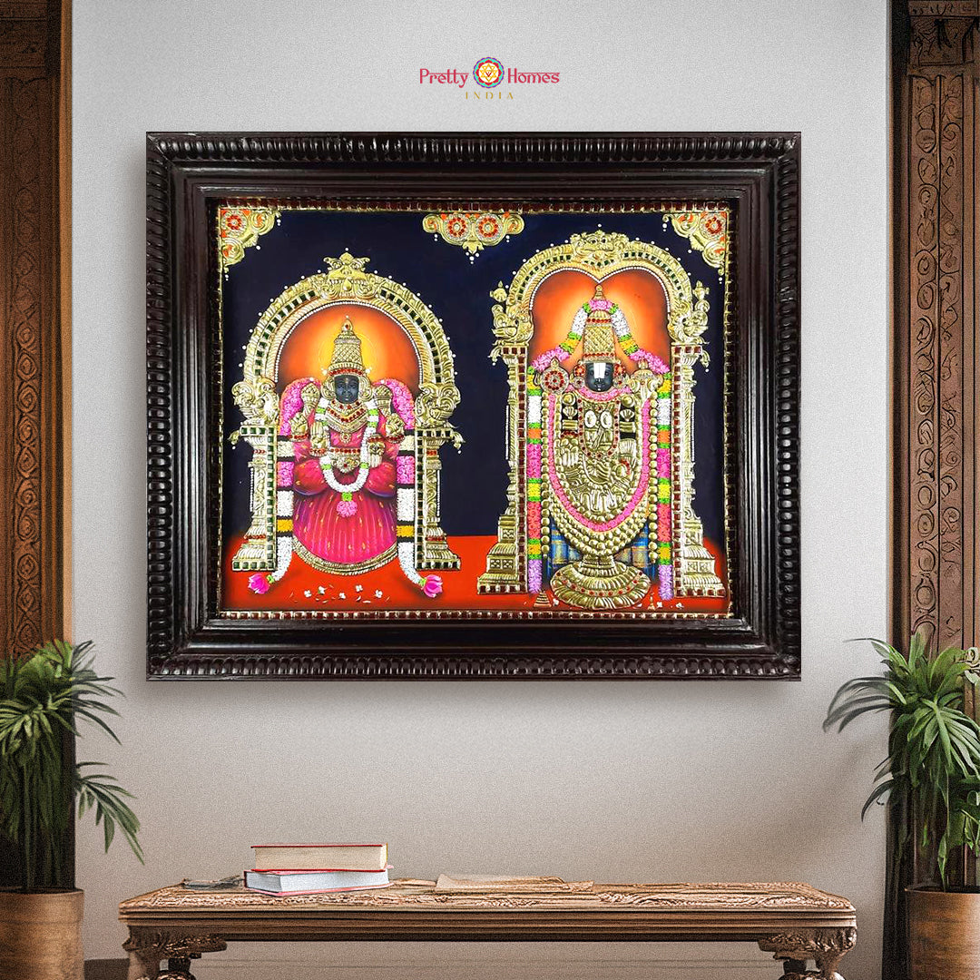 Framed Balaji Padmavati Tanjore painting with gold foil and traditional arch background