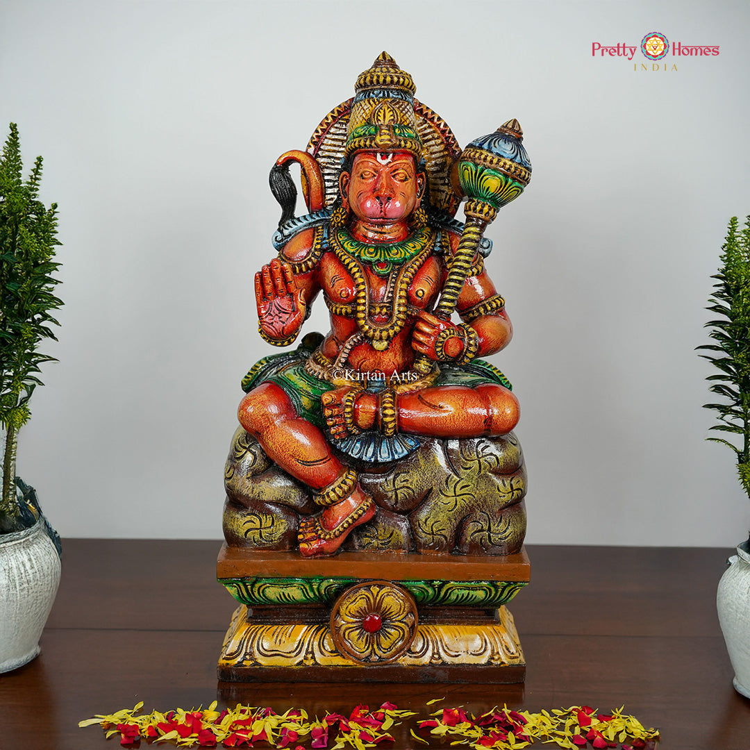 woodcarved sitting hanuman statue in abhaya mudra front view symbol of strength and protection