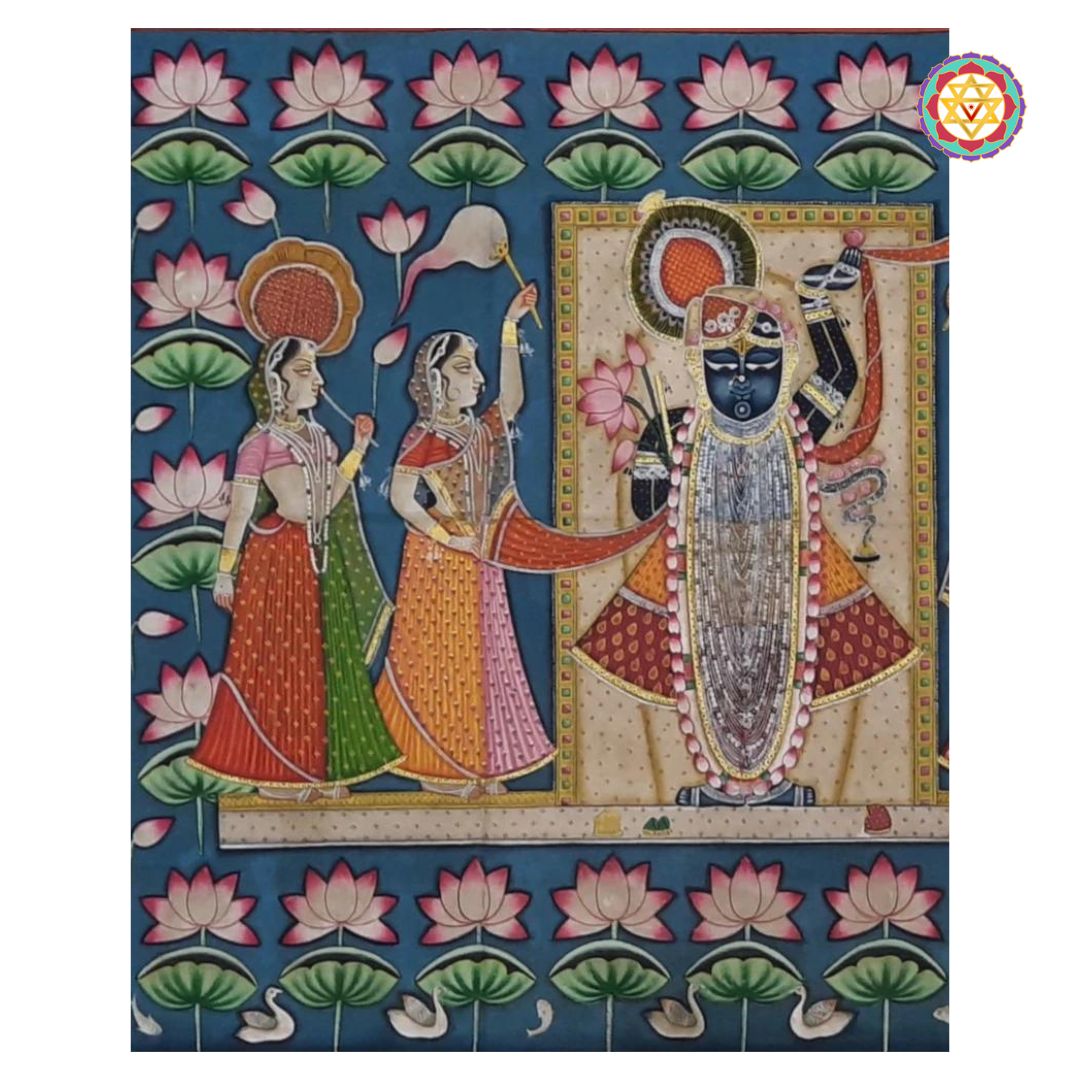 Traditional hand-painted pichwai artwork of Shrinathji and Gopis, blue background with lotuses.