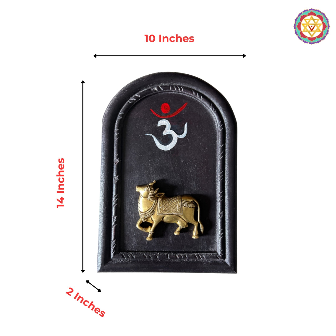 Spiritual brass Om and cow decor — framed wooden wall hanging