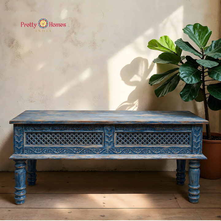 Wood-Carved Console Table with Storage