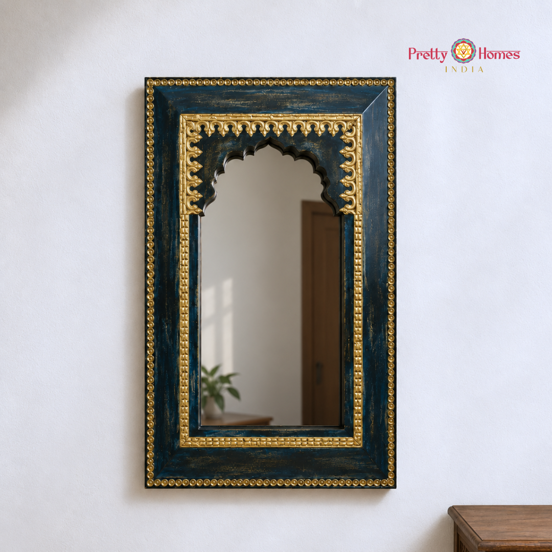 Wooden Artistic Jharokha Design Wall Mirror Frame With Brass embossed work.