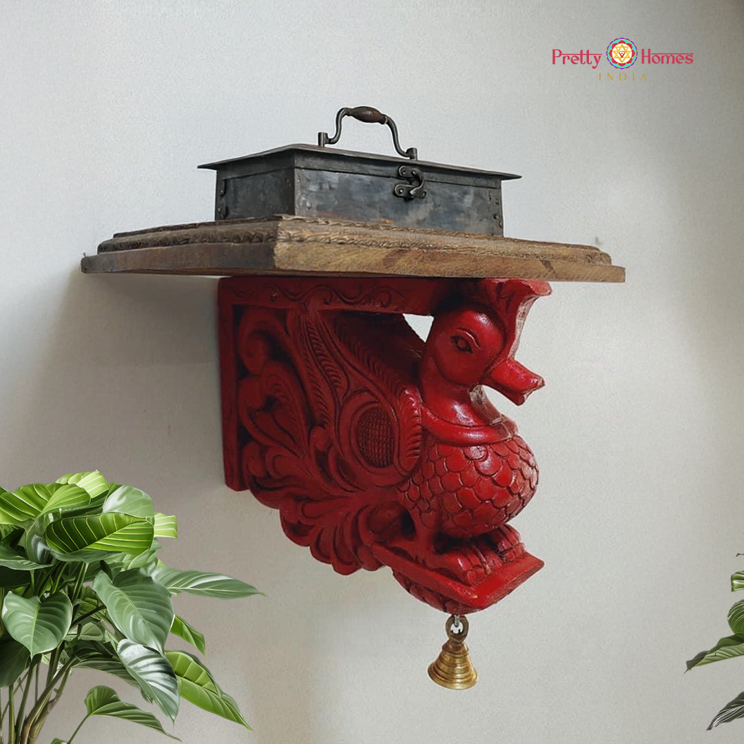 Front view of wooden annam swan wall bracket showing handcarved floral and bird details