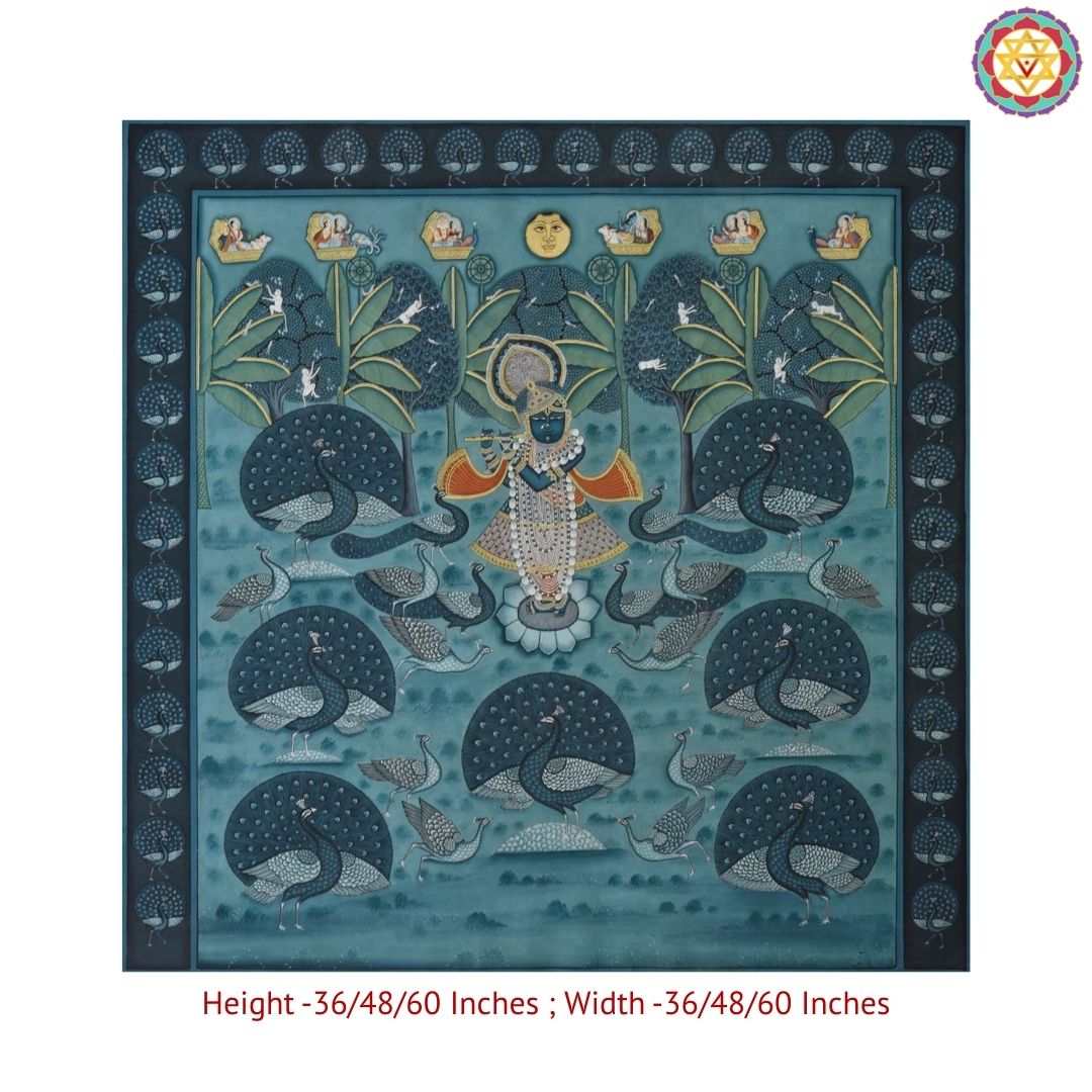 blue pichwai shrinathji artwork close shot showing peacock elements