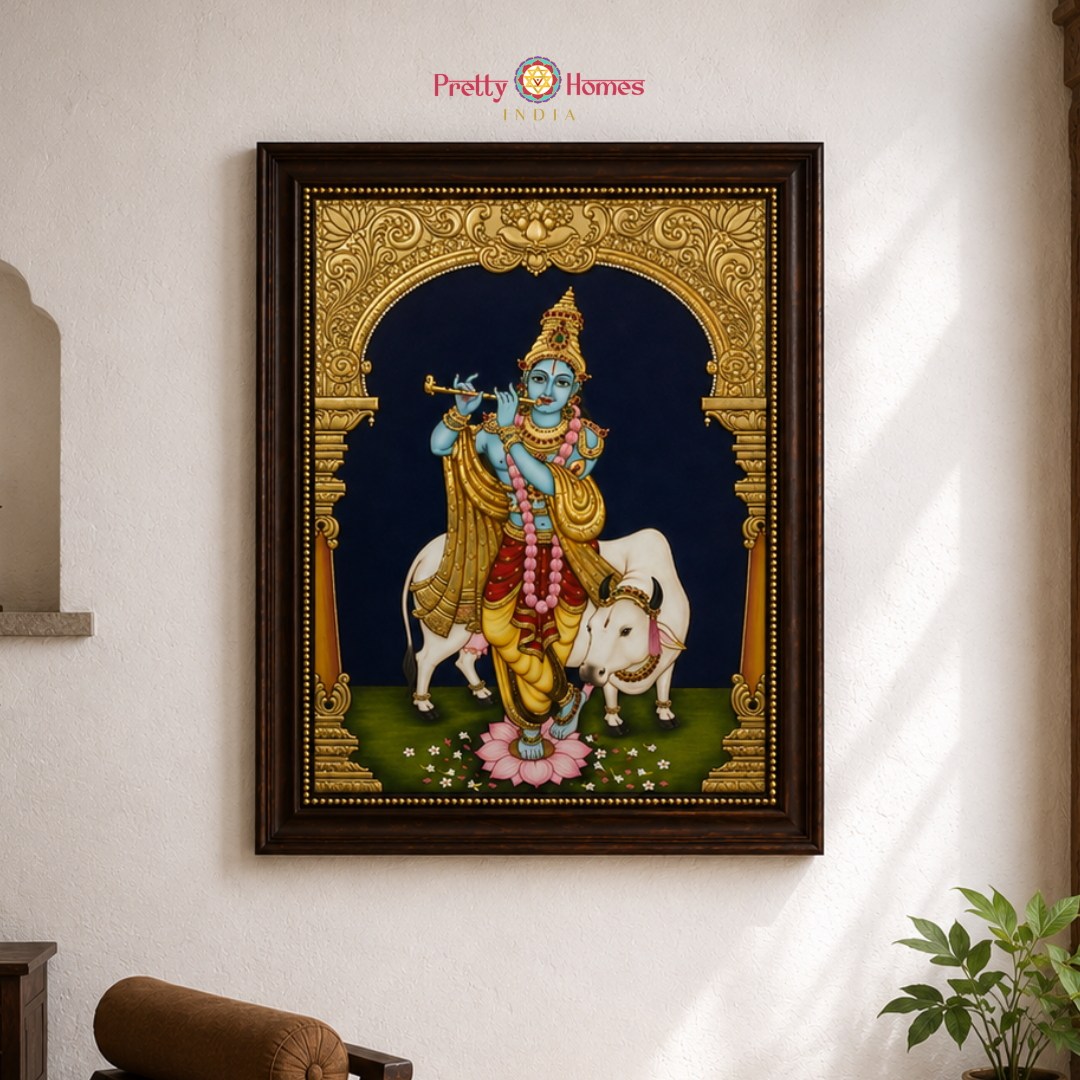 Aesthetic Flute-Playing Cow Krishna Tanjore in Real Gold
