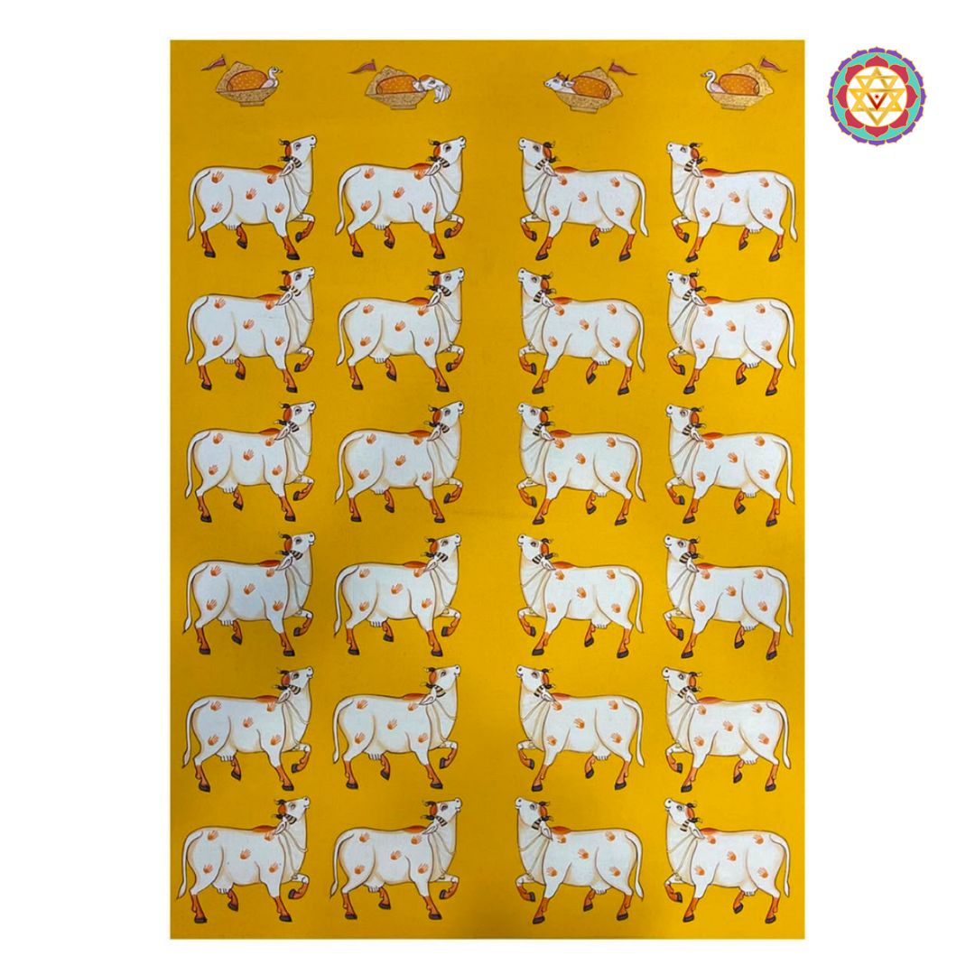 Bright yellow version of hand-painted pichwai with sacred cows.