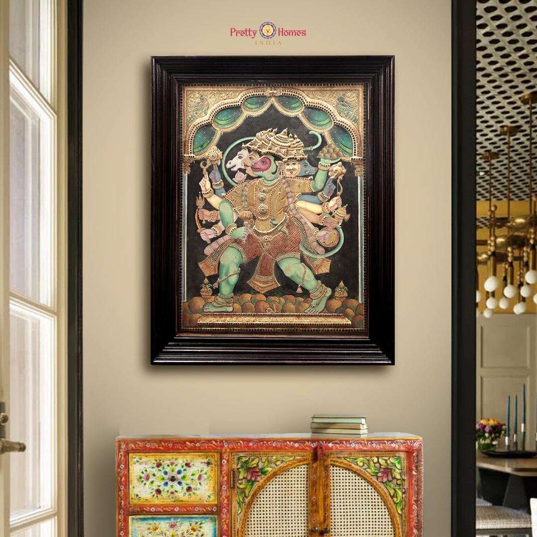 Panchmukhi Hanuman Tanjore painting with gold foil in antique style