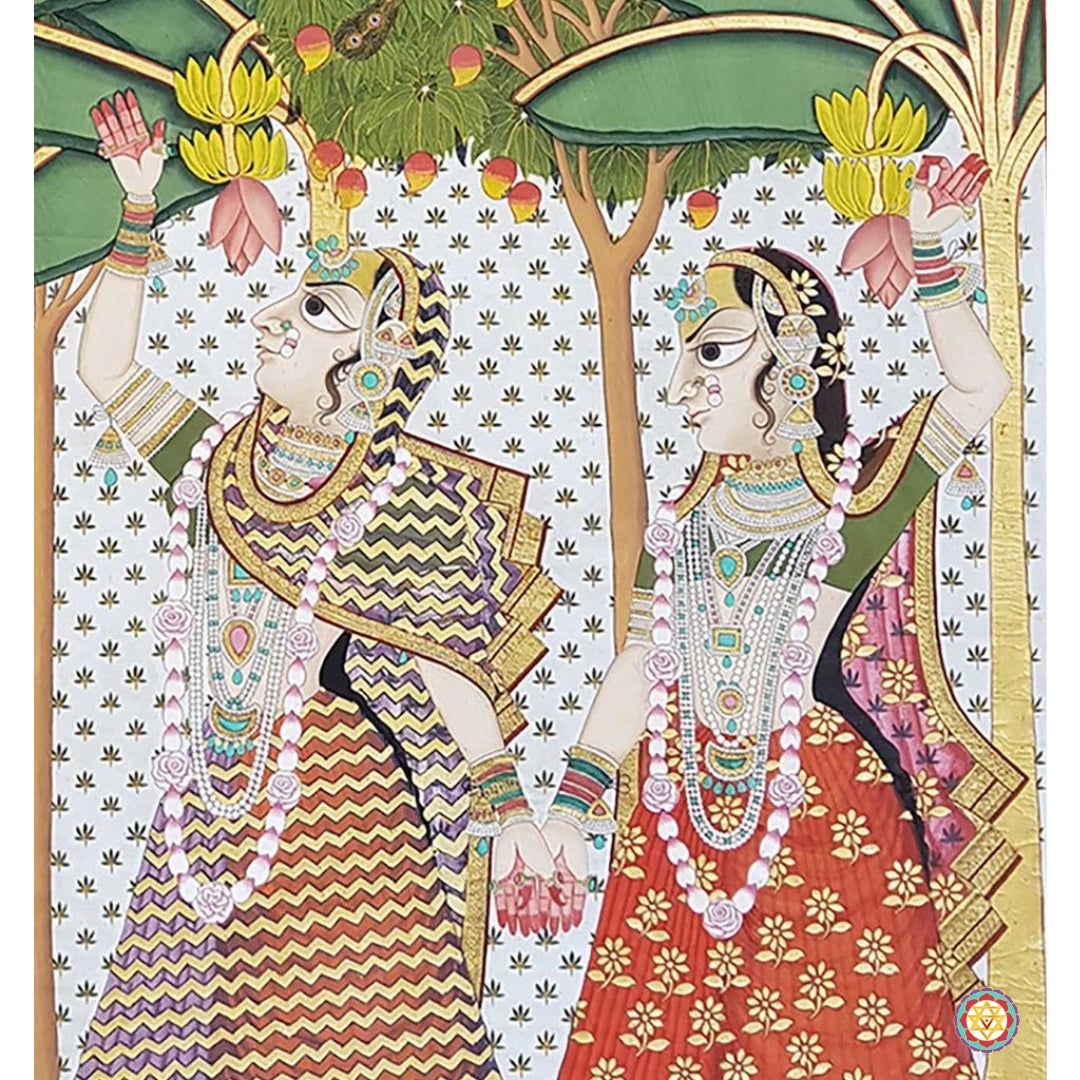 Front view of Gopikas in forest Pichwai — intricate painting of figures, trees, and lotus motifs, traditional art form