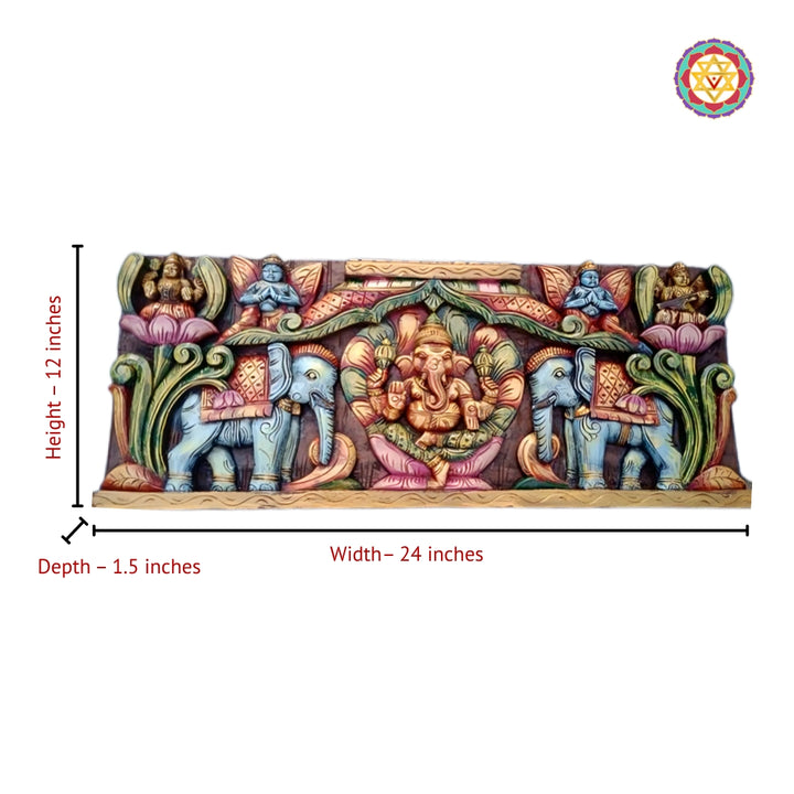 Wooden Wall Panel with Gandharvas and Elephant Motif Hand Carved