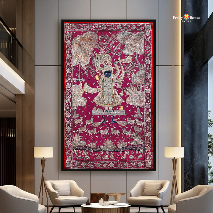 Shrinathji with Cows — Vintage-Style Pichwai in Rustic Red for Heritage Interiors