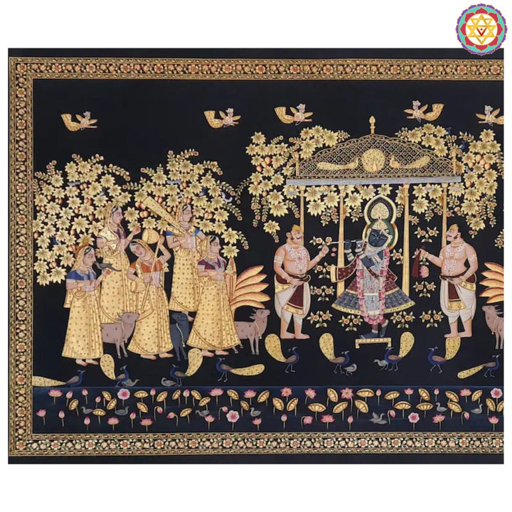 Horizontal Handpainted Pichwai – Musical Gopikas with Worshippers