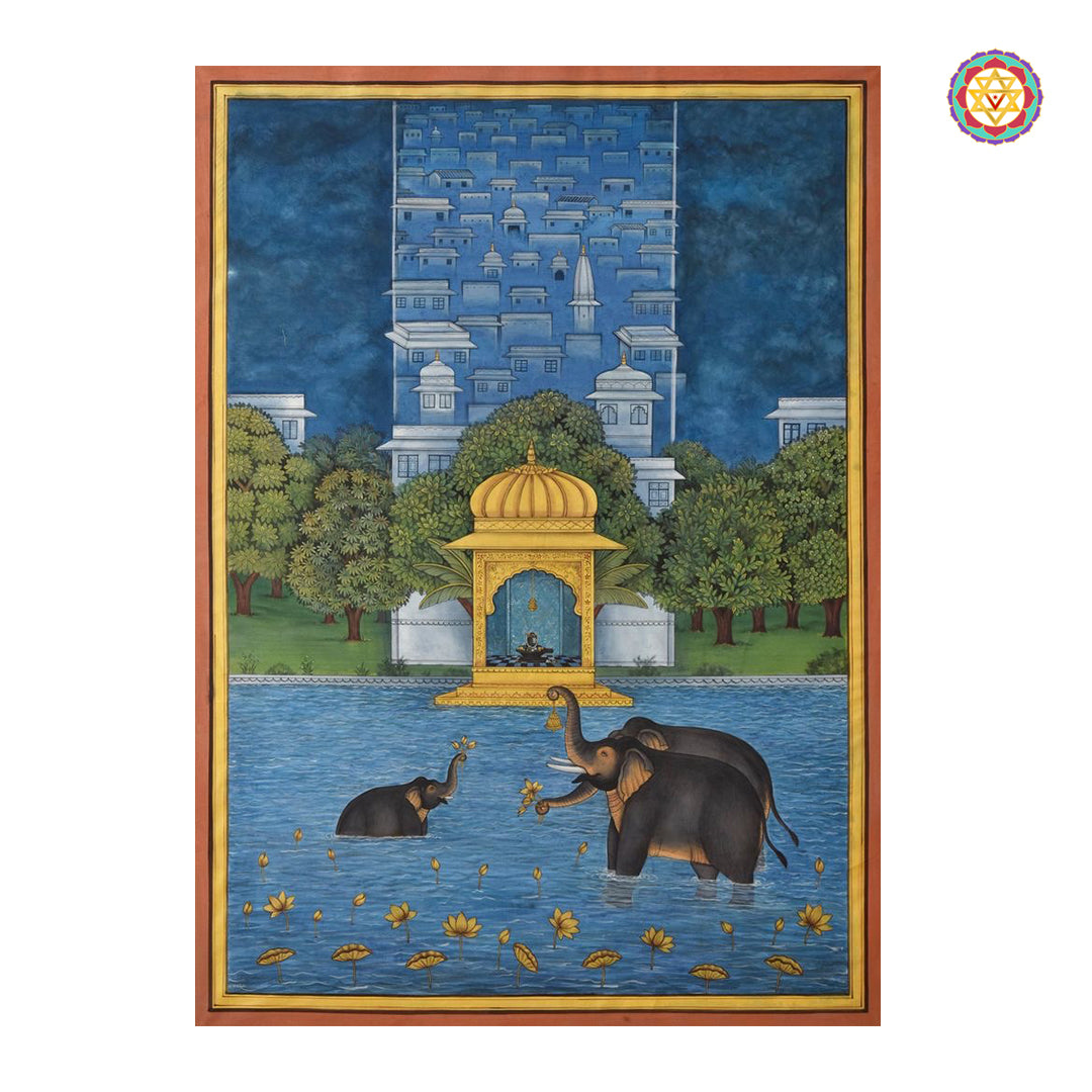 Pichwai style painting of elephants in lotus pond with temple and cityscape background