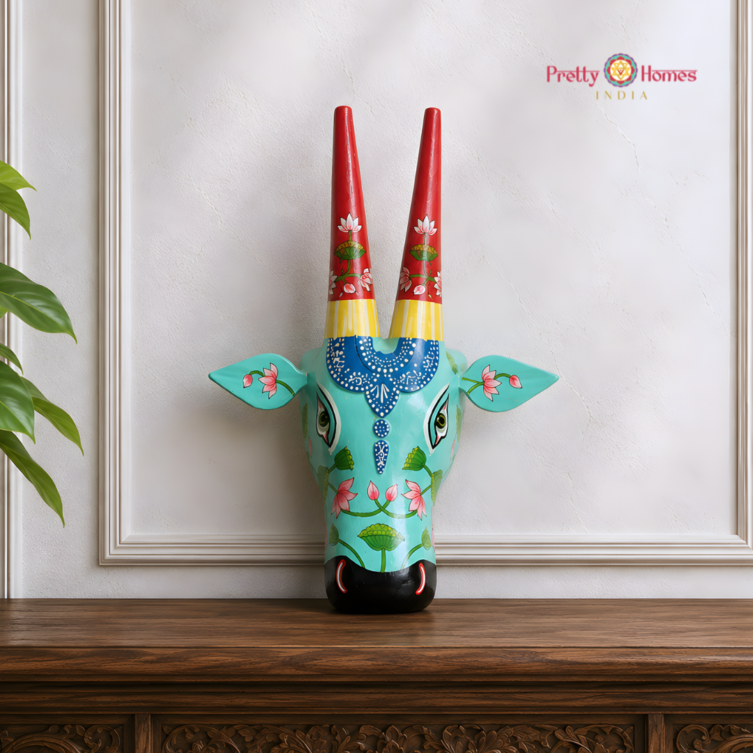 Blue & Red Hand-Painted Cow Head with Lotuses